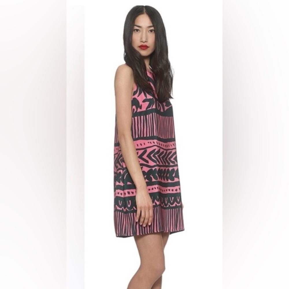 Whistle 100% Silk Green and Pink Sleeveless Shift Mini Dress Sz-10